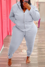Plus Size Letter Print Hooded Zipper Two Piece Sets WAF-77392