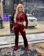 Velvet Hooded Zipper Coat And Pants 2 Piece Sets XMY-9341