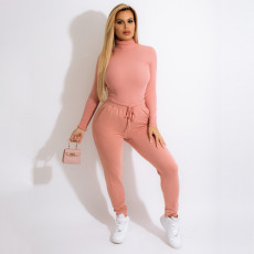 Solid High Collar Long Sleeve Slim Two Piece Sets HNIF-069
