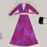 Sexy Long Sleeve V Neck Maxi Skirt 2 Piece Sets FSXF-F503