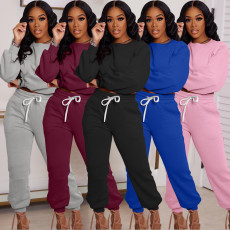 Solid Sports Long Sleeve Two Piece Pants Set WAF-77403