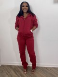 Solid Sports Fleece Hooded Zipper Two Piece Pants Set MK-3071