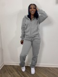 Solid Sports Fleece Hooded Zipper Two Piece Pants Set MK-3071