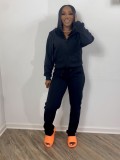 Solid Sports Fleece Hooded Zipper Two Piece Pants Set MK-3071