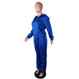 Solid Sports Fleece Hooded Zipper Two Piece Pants Set MK-3071