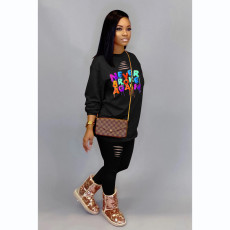 Letter Print Long Sleeve Hole Two Piece Pants Set MDF-5282