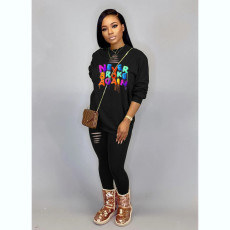 Letter Print Long Sleeve Hole Two Piece Pants Set MDF-5282