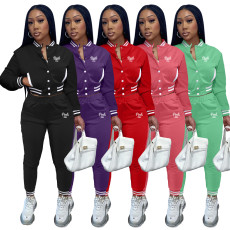 Pink Letter Print Baseball Jacket And Pants 2 Piece Sets YIM-237