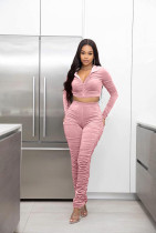 Solid Hooded Zipper Crop Top Stacked Pants 2 Piece Sets FSL-185