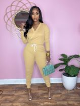 Casual Solid V Neck Long Sleeve Jumpsuit SFY-2154