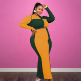 Plus Size Contrast Color Long Sleeve Maxi Skirt 2 Piece Sets OSIF-21418