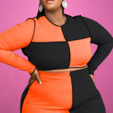 Plus Size Contrast Color Long Sleeve Maxi Skirt 2 Piece Sets OSIF-21418