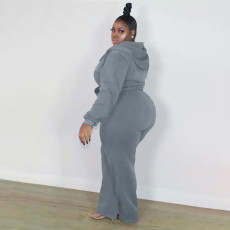 Plus Size Solid Hooded Zipper Two Piece Pants Set XMF-089