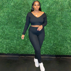 Solid Ribbed V Neck Long Sleeve 2 Piece Pants Set XMY-9345