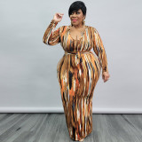 Plus Size Printed Long Sleeve Sashes Maxi Dress OSIF-21426