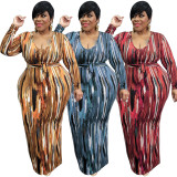 Plus Size Printed Long Sleeve Sashes Maxi Dress OSIF-21426
