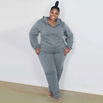 Plus Size Solid Hooded Zipper Two Piece Pants Set XMF-089