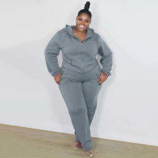 Plus Size Solid Hooded Zipper Two Piece Pants Set XMF-089