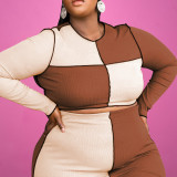 Plus Size Contrast Color Long Sleeve Maxi Skirt 2 Piece Sets OSIF-21418