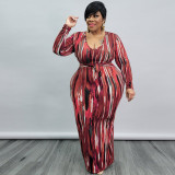 Plus Size Printed Long Sleeve Sashes Maxi Dress OSIF-21426