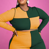 Plus Size Contrast Color Long Sleeve Maxi Skirt 2 Piece Sets OSIF-21418