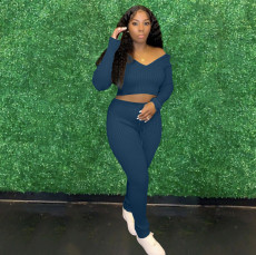 Solid Ribbed V Neck Long Sleeve 2 Piece Pants Set XMY-9345