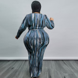 Plus Size Printed Long Sleeve Sashes Maxi Dress OSIF-21426