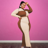 Plus Size Contrast Color Long Sleeve Maxi Skirt 2 Piece Sets OSIF-21418