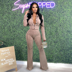 Solid Long Sleeve Flared Pants Two Piece Sets MXDF-6072
