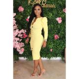 Solid Puff Sleeve Buttons Slim Midi Dress BGN-059