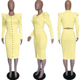 Solid Puff Sleeve Buttons Slim Midi Dress BGN-059