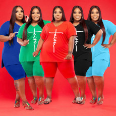 Plus Size Letter Print V Neck T Shirt And Shorts 2 Piece Sets WAF-71431