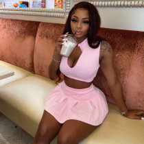 Solid Sleeveless Tank Top Pleated Mini Skirt 2 Piece Sets MEI-9229
