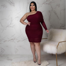 Plus Size Sexy Mesh One Shoulder Bodycon Dress ASL-7069