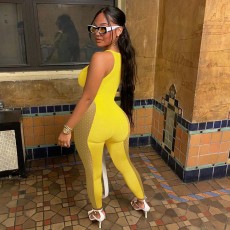 Sexy Mesh Patchwork Hollow Out Sleeveless Jumpsuit NIK-269