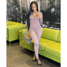 Houndstooth Print Long Sleeve Zipper Jumpsuit CY-6587