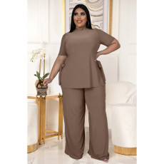 Plus Size Solid Split Top Wide Leg Pants 2 Piece Sets ASL-7070