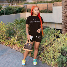 Letter Print T Shirt And Shorts Two Piece Sets MXDF-6075