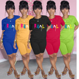 Letter Print T Shirt And Shorts Two Piece Sets WAF-7741566