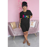 Letter Print T Shirt And Shorts Two Piece Sets WAF-7741566