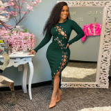 Plus Size Ribbed Hollow Out Bandage Midi Dress OSIF-21432