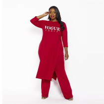 Plus Size Letter Print Split Long Top And Pants Sets NY-2313