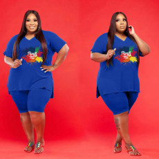 Plus Size Pink Letter Print V Neck T Shirt And Shorts Sets WAF-714383