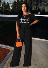 Letter Print Short Sleeve Casual Jumpsuit WAF-502181