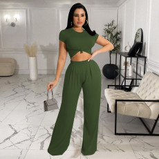 Solid Short Sleeve Wide Leg Pants Two Piece Sets FOSF-8117