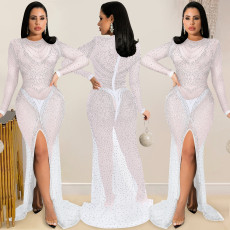 Sexy Hot Drilling See Through Split Night Club Maxi Dress BY-5595