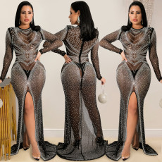Sexy Hot Drilling See Through Split Night Club Maxi Dress BY-5595