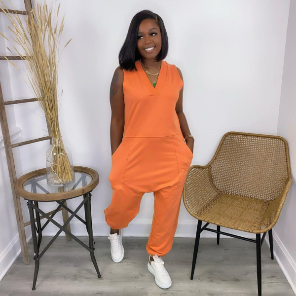 Solid V Neck Sleeveless Loose Jumpsuit LSD-1004