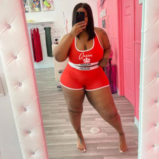 Plus Size Queen Letter Print Two Piece Shorts Set WAF-7181147