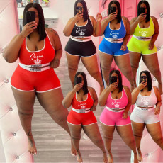 Plus Size Queen Letter Print Two Piece Shorts Set WAF-7181147